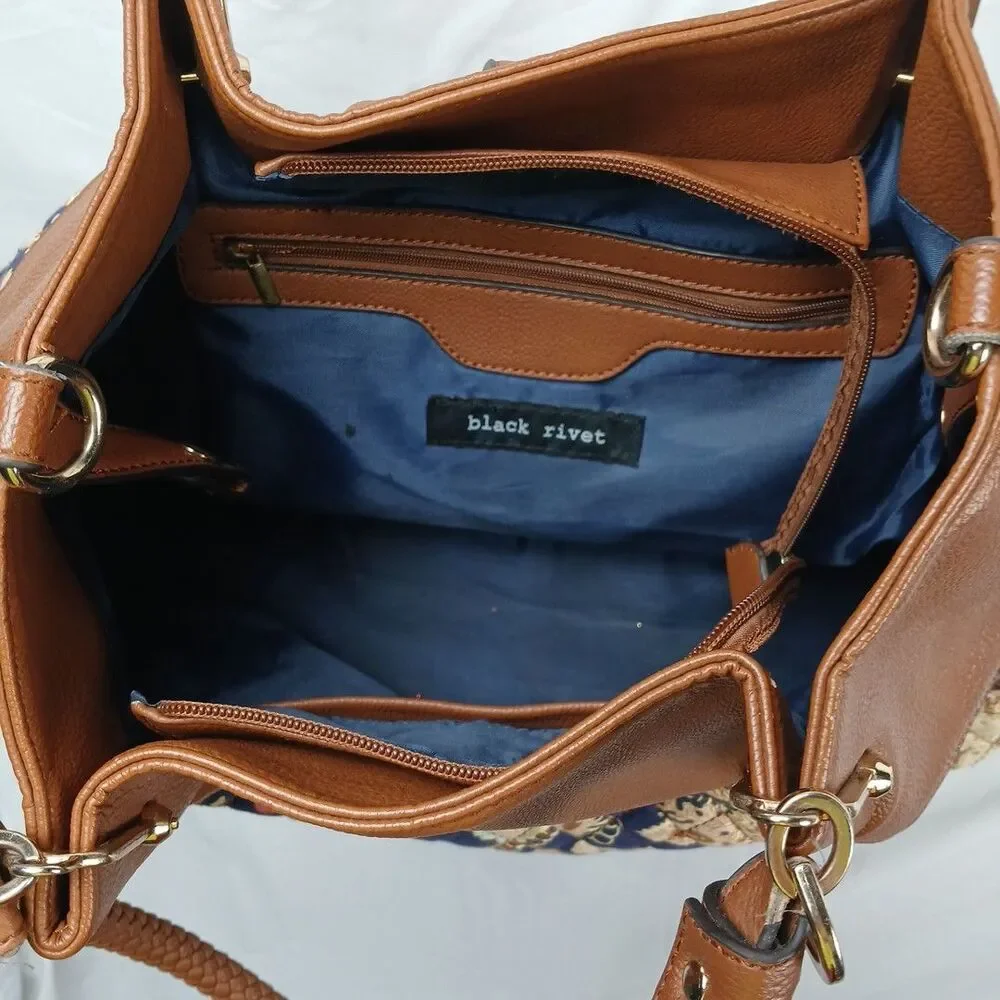 Black Rivet Floral Tapestry Shoulder Bag with Brown Leather Trim